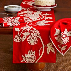 Crewel Table Runner Holiday White on Red Cotton Duck
