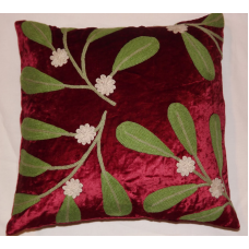 Crewel Pillow Mistletoe Christmas Red Cotton Viscose Velvet- 18x18