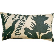 Crewel Pillow Natura White on Dark Green Cotton Duck -15x27