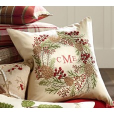 Crewel Pillow Pinecone & Berry Wreath Cotton Duck