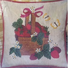 Crewel Pillow Basket of Strawberries Red on White Cotton Duck