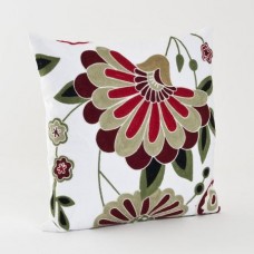 Crewel Pillow Big Flower Red on White Cotton Duck