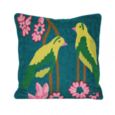 Crewel Pillow Chainstitch Bird Turquoise Cotton Duck