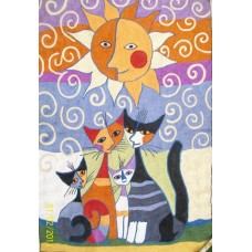 Crewel Rug Cat Family Multi Chain stitched Wool Rug
