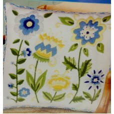 Crewel Pillow Crazy Flowers Blue Yellow Cotton Duck