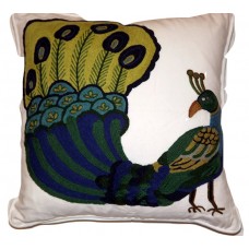 Crewel Pillow Dancing Peacock Multi Cotton Duck