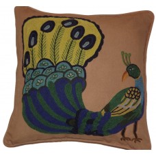 Crewel Pillow Dancing Peacock Nutmeg Brown Cotton Duck