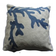 Crewel Pillow Coral Blue on white Cotton Duck