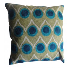 Crewel Pillow Peacock feathers Blue Cotton Duck