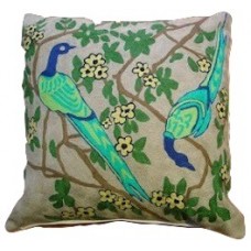 Crewel Pillow Peacocks Green Cotton Duck
