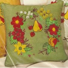 Crewel Pillow Festive Wreath Linen Christmas Multi on Sage Linen