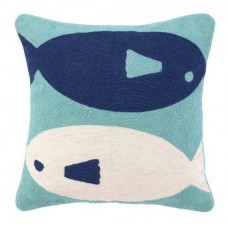 Crewel Pillow Chainstitch Fish Blue and White Cotton Duck