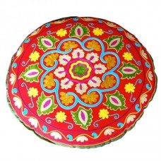 Crewel Pillow Floral Medallion Red Round Cotton Duck