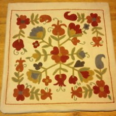 Crewel Pillow Floral Tan Cotton Duck