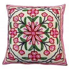 Crewel Pillow Floral Pink on Off White Cotton Duck