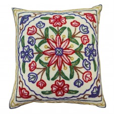 Crewel Pillow Floral Red and Blue Cotton Duck