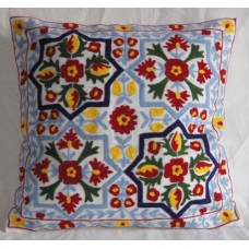 Crewel Pillow Floral Rust and Blue Cotton Duck