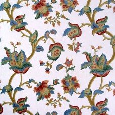 Crewel Fabric Floral Vines Blue Cotton Duck