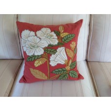 Crewel Pillow Floral White on Coral Cotton Duck