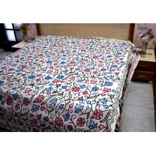 Crewel Bedding Flowers and Buds Blue and Pink Cotton Bed Coverlet