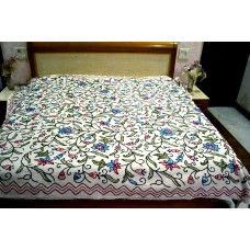 Crewel Bedding Flowers and Fruits Blue and Pink Cotton Bed Coverlet