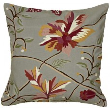 Crewel Pillow Flowers Deep Rust on Sage Cotton Duck