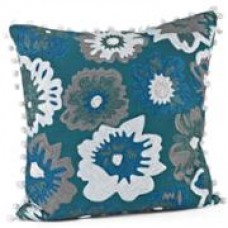 Crewel Pillow Flowers White and Charcoal on Navy Blue Cotton Duck