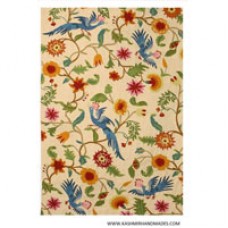 Crewel Rug Flowers Yellow and Leaves Blue on Beige Background Chain stitched Wool Rug