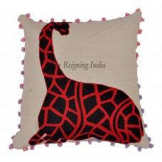 Crewel Pillow Giraffe Red and Black on Ivory Cotton Duck