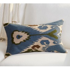 Crewel Pillow Lumbar Ikat Blue Cotton Duck