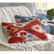 Crewel Pillow Lumbar Ikat Red Cotton Duck