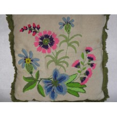 Crewel Pillow Flowers Colourfull Pink and Blue Linen