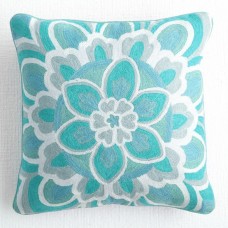 Crewel Pillow Indian Floral Turquoise Cotton Duck