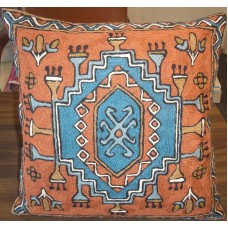 Crewel Pillow Chainstitch Lamps Rust and Blue Cotton Duck
