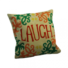 Crewel Pillow Chainstitch 'Laugh' Text Inspirational Red on Off White Cotton Duck