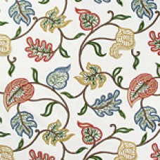 Crewel Fabric Leaves Red and Blue Cotton Duck