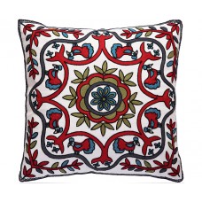 Crewel Pillow Leaves and Birds Red on White Cotton Duck