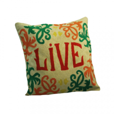 Crewel Pillow Chainstitch 'Live' Text Inspirational Red on Off White Cotton Duck