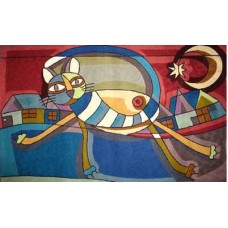 Crewel Rug Modern Cat Red and Blue Chain stitched Wool Rug