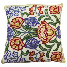 Crewel Pillow Flowers Red and Blue Cotton Duck