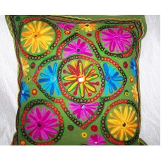 Crewel Pillow Multi Color Florals on Sage Cotton Duck