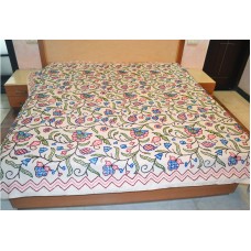 Crewel Bedding Multi Floral Blue and Pink Cotton Bed Coverlet