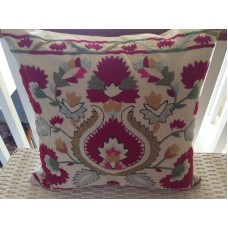 Crewel Pillow Nicholade Crimson on Ivory Cotton Duck