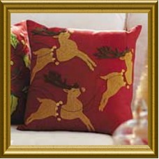 Crewel Pillow Reindeer Hoilday Christmas Red Cotton Duck