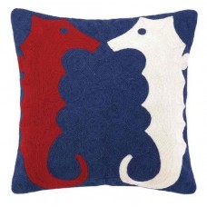 Crewel Pillow Chainstitch Seahorse Red and White Cotton Duck
