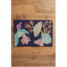 Crewel Rug Waterblooms Navy Chain stitched Wool Rug 