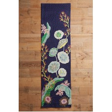 Crewel Rug Waterblooms Navy Chain stitched Wool Runner 2.5'x9'