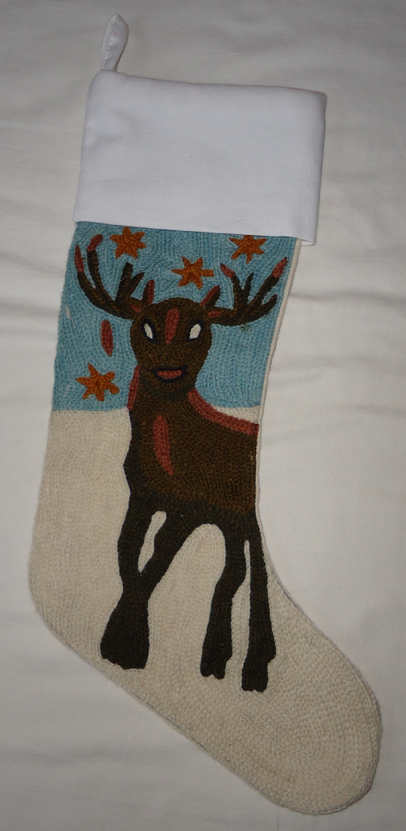 Crewel Embroidered Stocking Reindeer Multi Cotton Duck