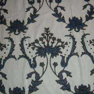 Crewel Fabric Bloom Blue on Creamy White Cotton Velvet