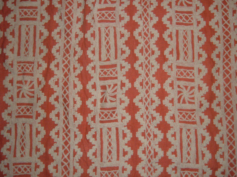 Crewel Fabric Chariot White on Coral Linen